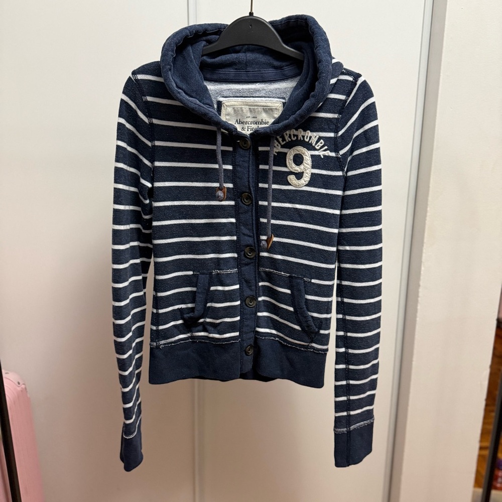 Abercrombie & Fitch Navy and White Striped Hoodie